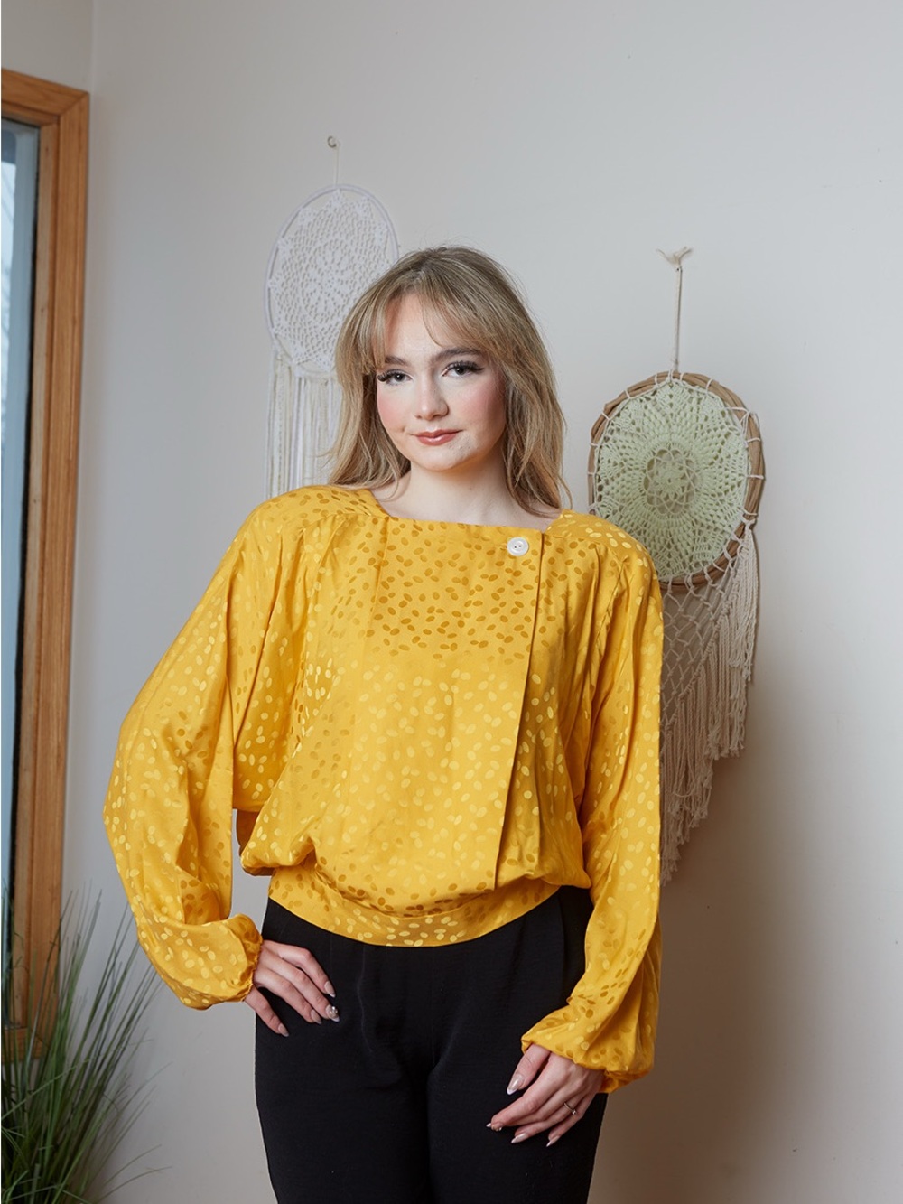 Vintage 80s  Norma Walters SilkYellow Long-Sleeve Blouse 12